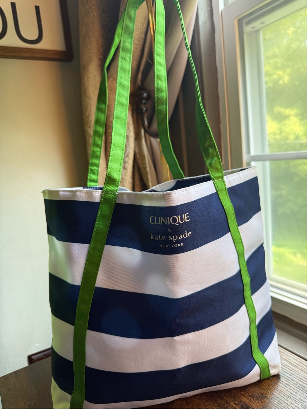 kate spade Navy and White Striped Tote with Lime Green Handles